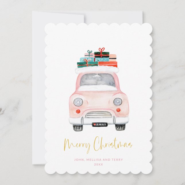 Pastel Pink Car Farmhouse Check Merry Christmas Holiday Card (Front)
