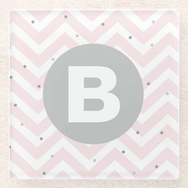 Pastel Pink Chevron and Dots Grey Monogram Glass Coaster (Front)