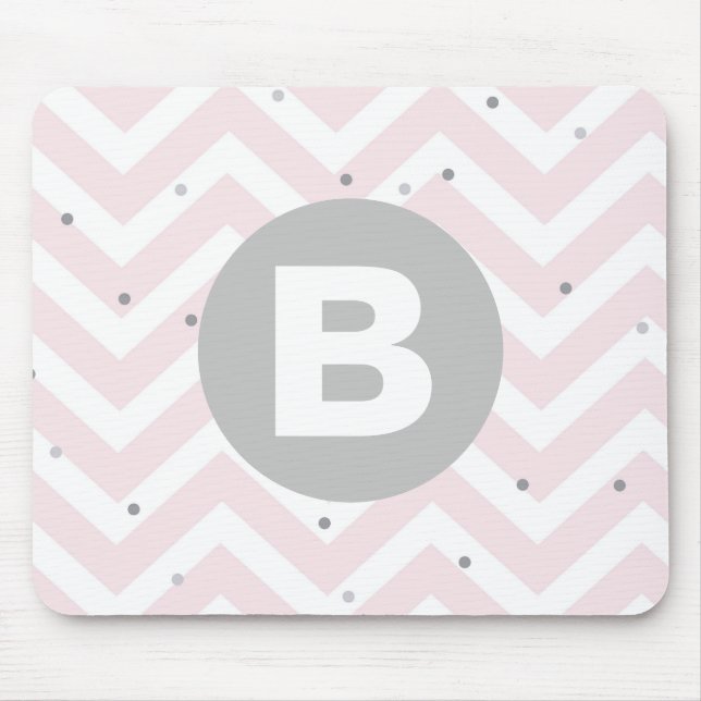 Pastel Pink Chevron and Dots Grey Monogram Mouse Mat (Front)