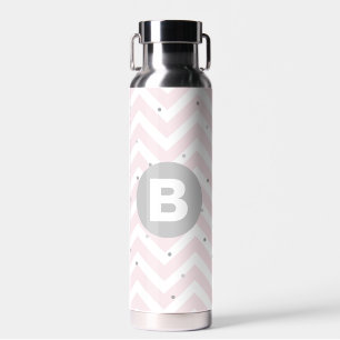Pastel Pink Chevron and Dots Grey Monogram Water Bottle