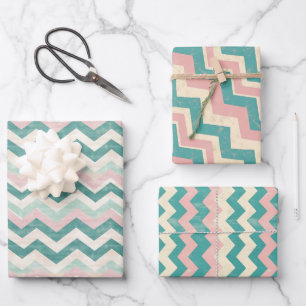 Pastel Pink Chevron Pattern with Teal and Beige Wrapping Paper Sheet
