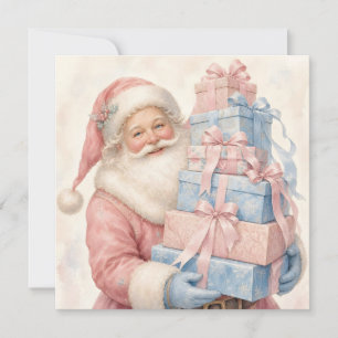 Pastel Pink Christmas Santa Claus with Gifts Holiday Card