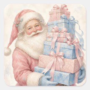 Pastel Pink Christmas Santa Claus with Gifts Square Sticker