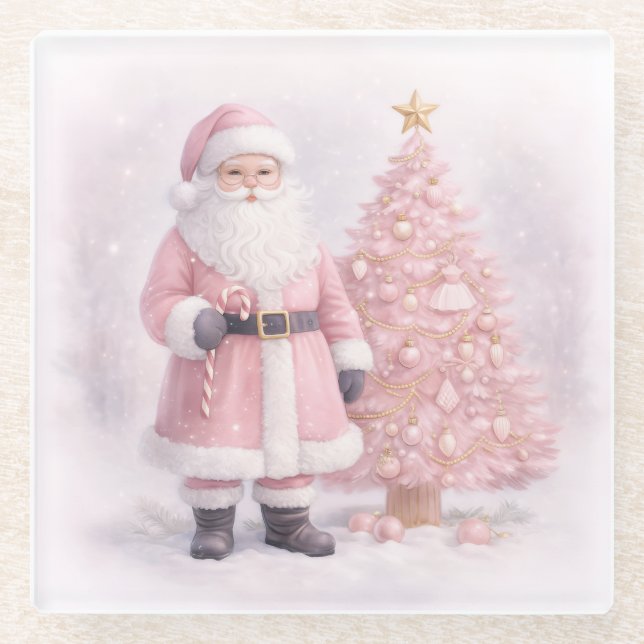 Pastel Pink Christmas Santa  Glass Coaster (Front)