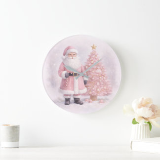 Pastel Pink Christmas Santa Large Clock