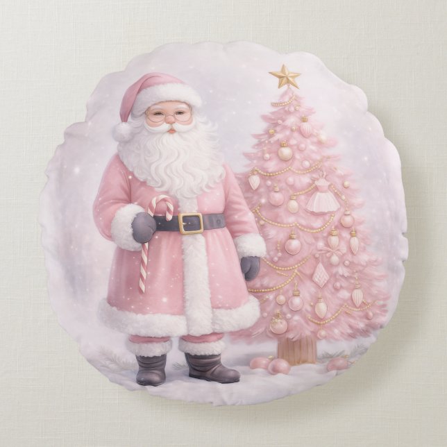 Pastel Pink Christmas Santa  Round Cushion (Front)