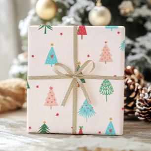 Pastel Pink Christmas Trees Whimsical Holiday Wrapping Paper