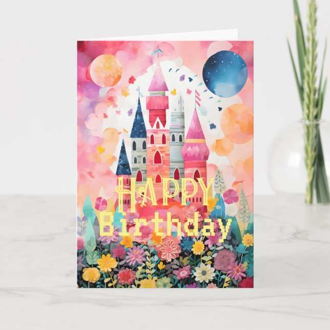 Pastel Pink Colourful Magical Castle Folded Card (Front)