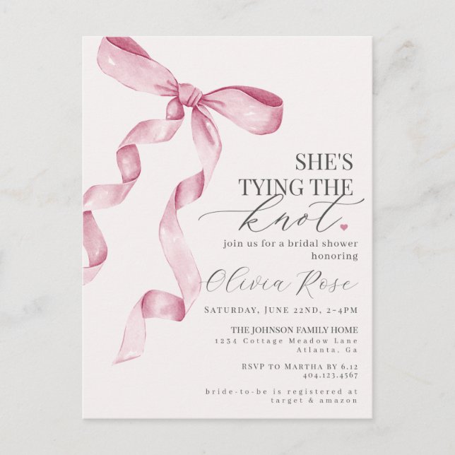 Pastel Pink Coquette Bow Bridal Shower Invite Postcard (Front)
