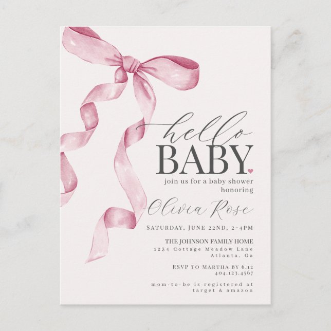 Pastel Pink Coquette Bow Girl Baby Shower Invite Postcard (Front)