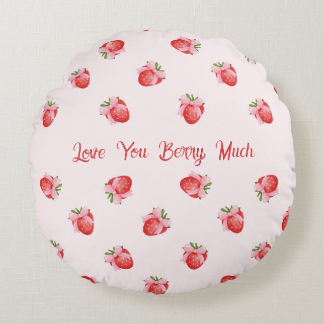 Pastel Pink Coquette Strawberry Personalised Round Cushion (Front)