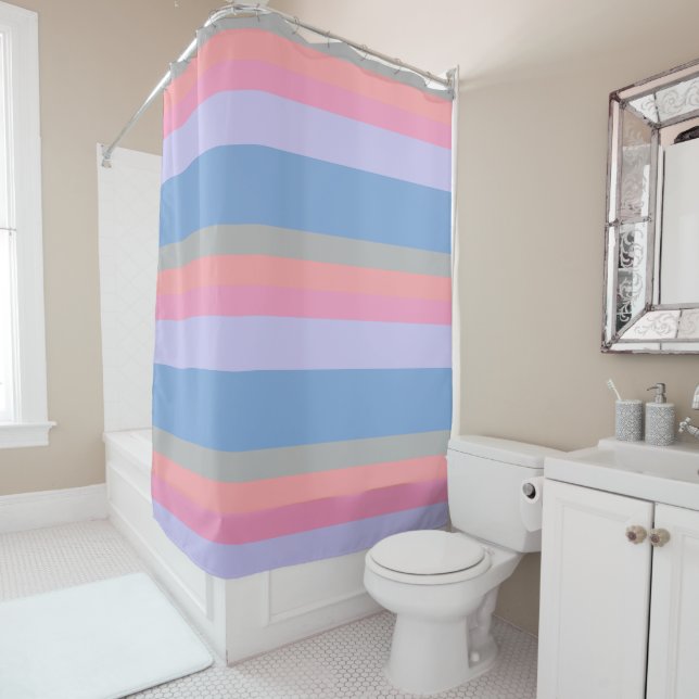 pastel pink coral grey blue purple colour block shower curtain (In Situ)