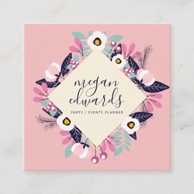 Pastel pink cream script boho floral illustration square business card (Front)