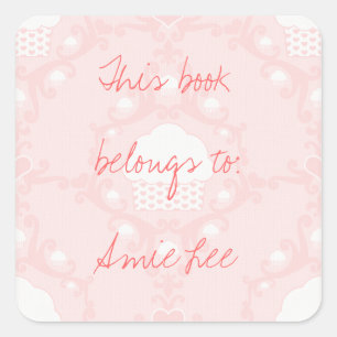 Pastel Pink Cupcake Square Custom Text Bookplates Sticker