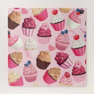 Pastel Pink Cupcakes: Vintage Pattern. Jigsaw Puzzle