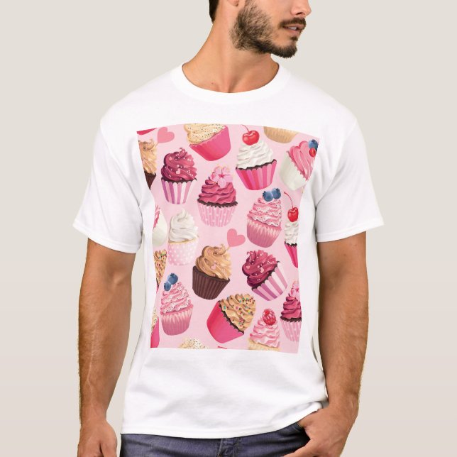 Pastel Pink Cupcakes: Vintage Pattern. T-Shirt (Front)