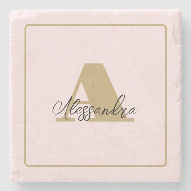 Pastel Pink Custom Gold Initial Black Name Minimal Stone Coaster (Front)