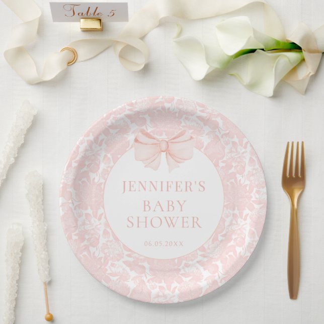 Pastel pink cute bow ribbon baby girl shower paper plate (Wedding)