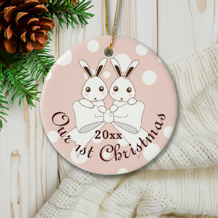 Pastel Pink Cute Bunny Twin Girl Christmas Ceramic Tree Decoration