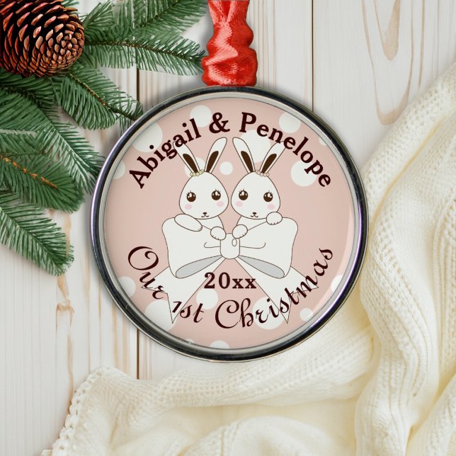 Pastel Pink Cute Bunny Twin Girl Kids Christmas Metal Tree Decoration (Creator Uploaded)