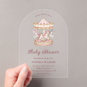 Pastel Pink Cute Carousel Girl Baby Shower Arch  Acrylic Invitations