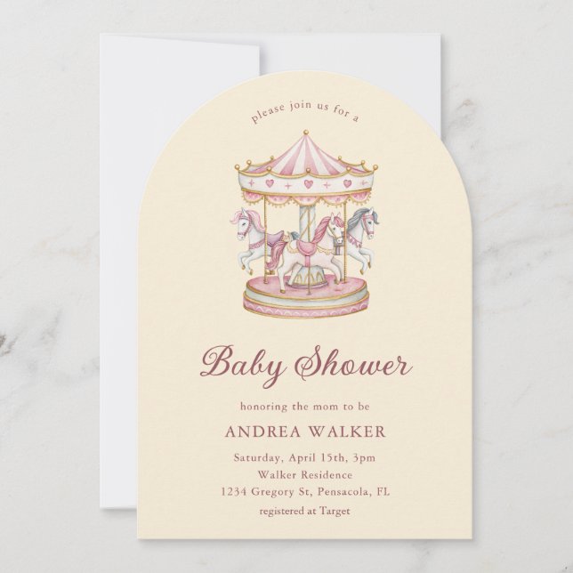 Pastel Pink Cute Carousel Girl Baby Shower Arch  Invitation (Front)