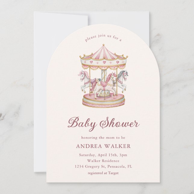 Pastel Pink Cute Carousel Girl Baby Shower Arch  Invitation (Front)