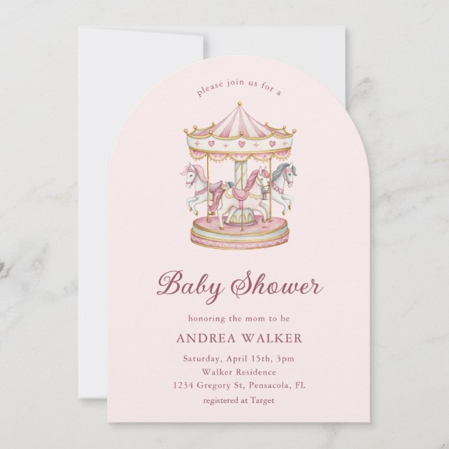 Pastel Pink Cute Carousel Girl Baby Shower Arch  Invitation (Front)