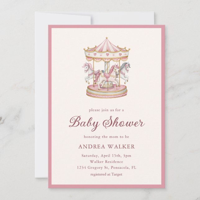 Pastel Pink Cute Carousel Girl Baby Shower Invitation (Front)
