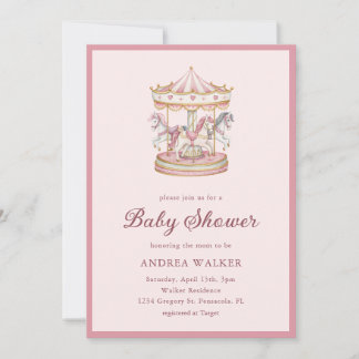 Pastel Pink Cute Carousel Girl Baby Shower Invitation