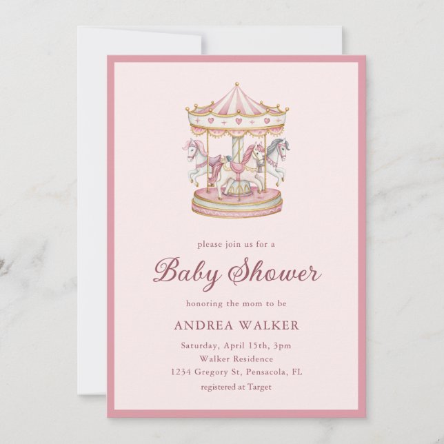 Pastel Pink Cute Carousel Girl Baby Shower Invitation (Front)