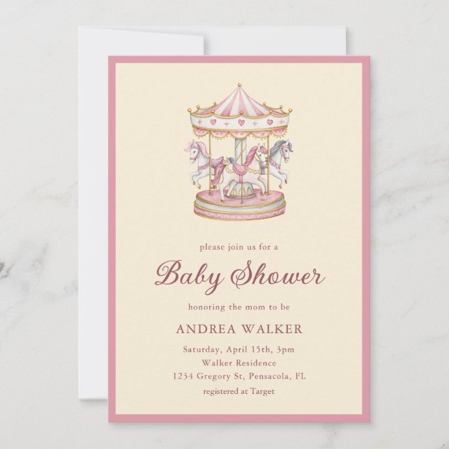 Pastel Pink Cute Carousel Girl Baby Shower Invitation (Front)