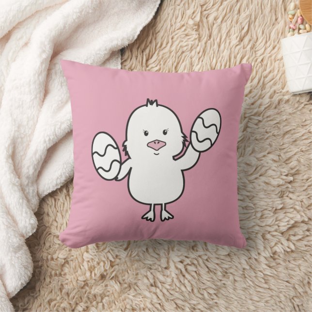 Pastel Pink Cute Easter Chick & Eggs Illustration Cushion (Blanket)