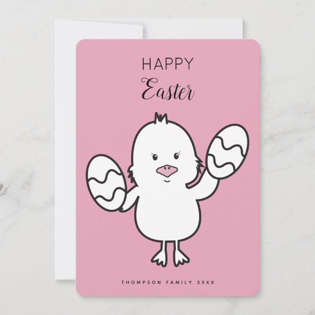 Pastel Pink Cute Easter Chick & Eggs Illustration  Holiday Card (Front)