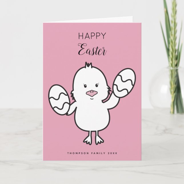 Pastel Pink Cute Easter Chick & Eggs Illustration  Holiday Card (Front)