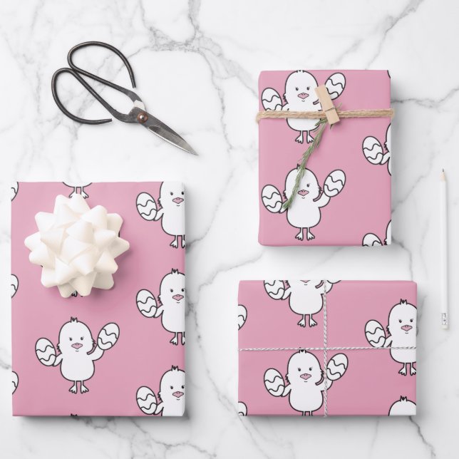 Pastel Pink Cute Easter Chick & Eggs Pattern Wrapping Paper Sheet (Front)