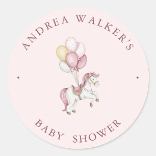 Pastel Pink Cute Horse Balloons Girl Baby Shower Classic Round Sticker