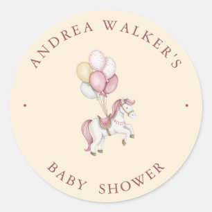 Pastel Pink Cute Horse Balloons Girl Baby Shower Classic Round Sticker