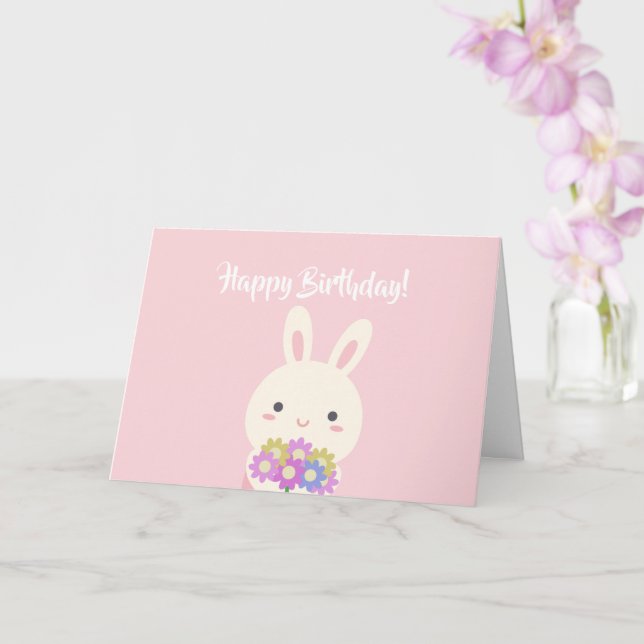 Pastel Pink Cute Kawaii Bunny Kids Happy Birthday Card (Orchid)