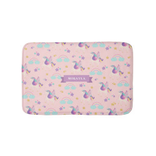 Pastel Pink Cute Rainbow Unicorn Kids Bath Mat
