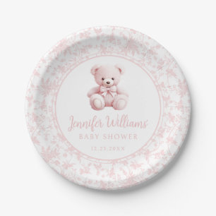 Pastel pink cute teddy bear baby girl shower paper plate