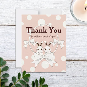 Pastel Pink Cute Twin Bunny Thank You Card