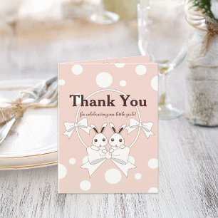 Pastel Pink Cute Twin Bunny Thank You Card