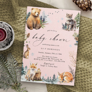 Pastel Pink   Cute Winter Forest Girl Baby Shower Invitation