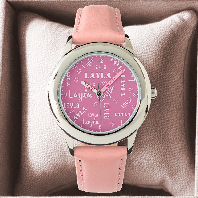 Pastel Pink Cute Word Art Personalised Name Girls Watch (Creator Uploaded)