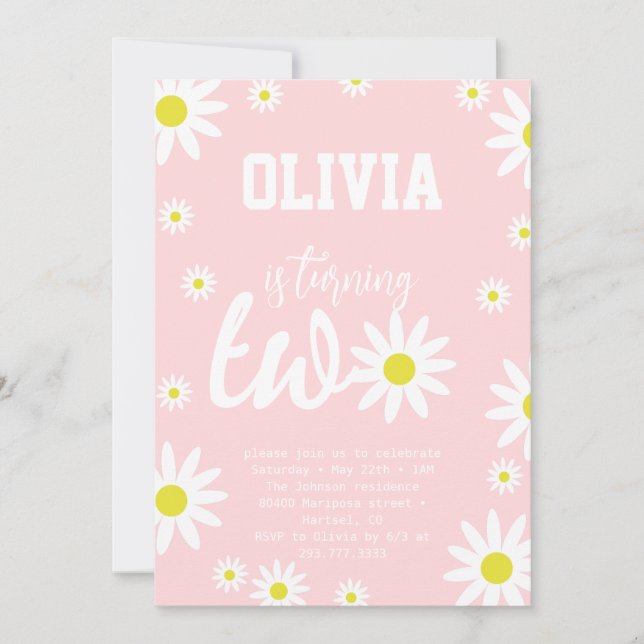 Pastel Pink Daisy 2nd Birthday Party Boho White Invitation (Front)
