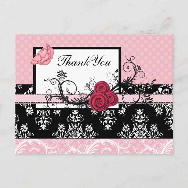 pastel pink damask polka dots Thank you Postcard (Front)