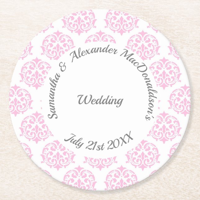 Pastel pink damask wedding round paper coaster (Front)