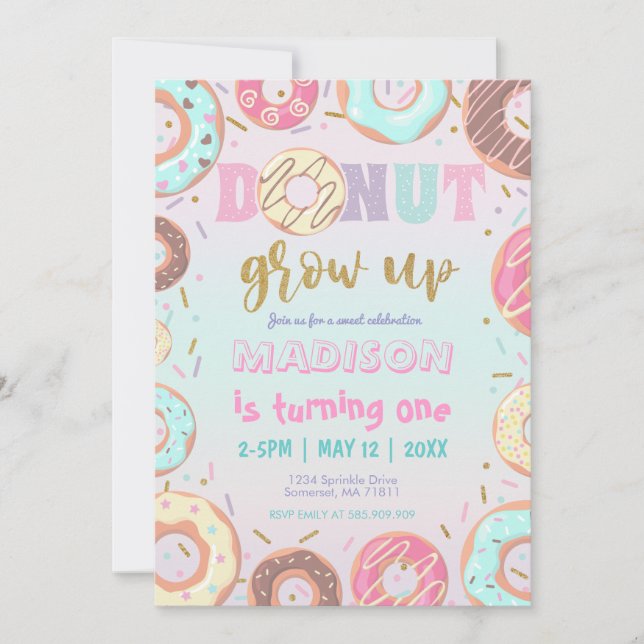 Pastel Pink Doughnut Birthday Doughnut Grow Up Par Invitation (Front)