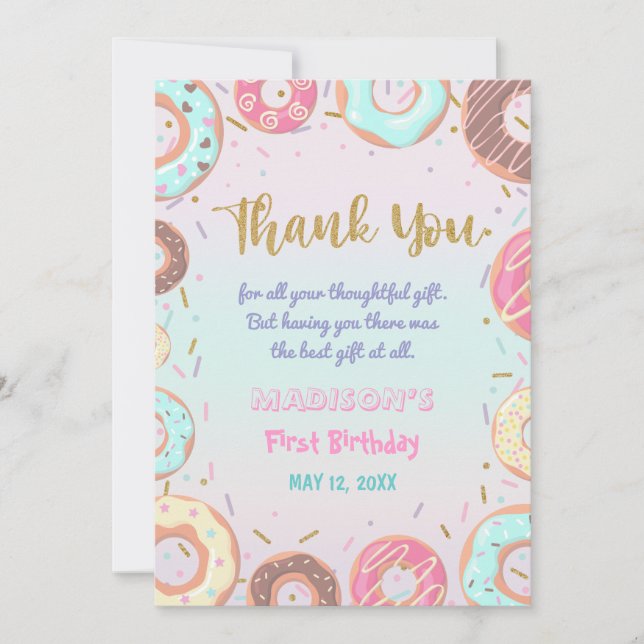 Pastel Pink Doughnut Birthday Doughnut Grow Up Par Thank You Card (Front)